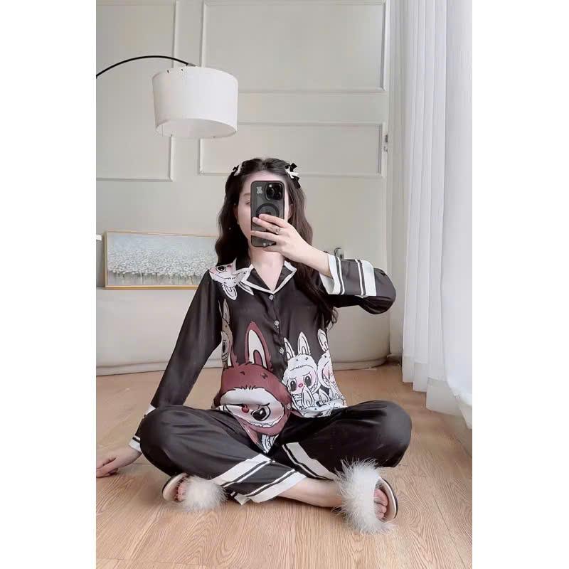 Bộ đồ ngủ mặc nhà dài tay in hình vải satin cao cấp - Bộ pijama hoạt hình dễ thương Nữ Women Quần Ngủ Áo Ngủ 6