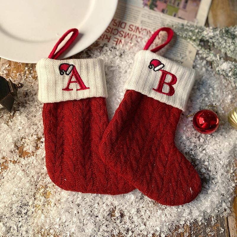 Product Introduction of Letter Snowflake Paw Pattern Christmas Decoration Stocking, 1 Count Knitted Candy Bag, Christmas Tree Hanging Ornament, Festive Party Supplies 8