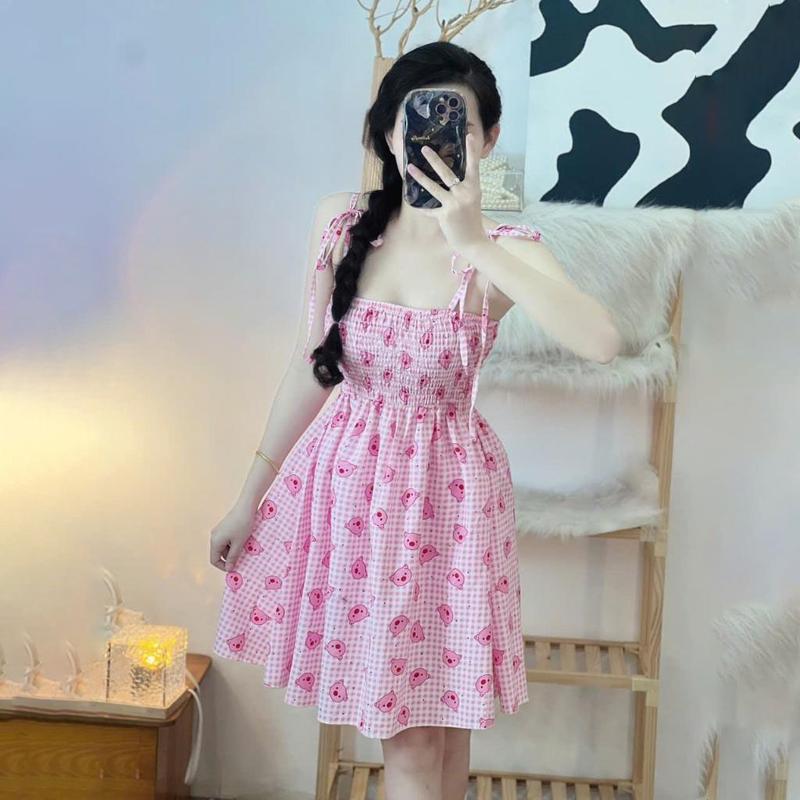 Product Introduction of VAY84 Đầm 2 Dây Nhún Chỉ In Họa Tiết Trái Tim, Pig, Chấm Bi & Kem Gấu - Thời Trang Nữ Màu Hồng Chất Liệu Kate Thoán 10