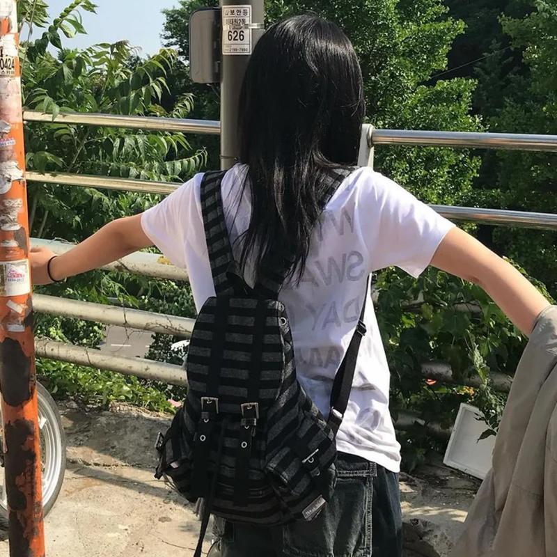 Product Introduction of Newjeans Same Tensedance Korean Flat Stripe Machine Can Casual Plaid Backpack Large Capacity 15