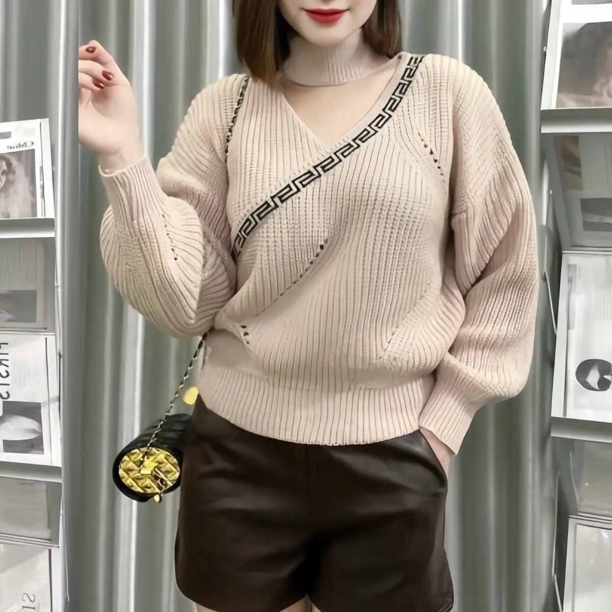 Áo len lệch vai 2 cổ họa tiết chéo, hàng dệt kim Top Women hoa hồng thường Voi Nhung Kem Sen tingoan Hoa Sen Sò tay phồng aolen  formrong