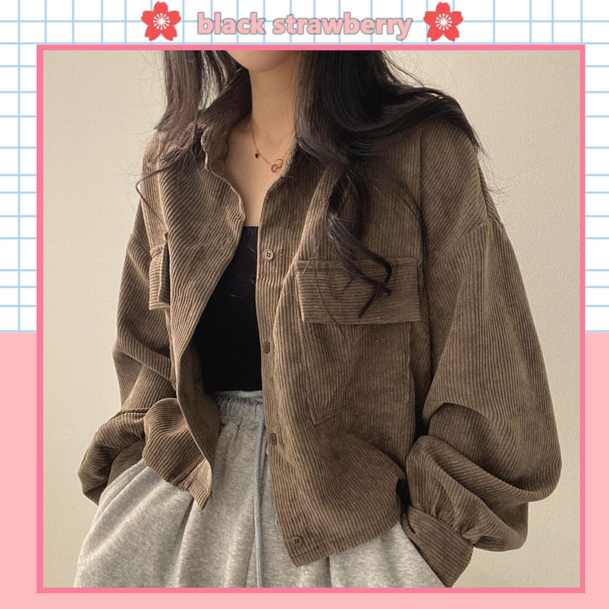black strawberry.W273 เสื้อเชิ้ตทำงานคอปกแขนยาวผู้หญิง แจ็คเก็ตผู้หญิง  vintage ใส่ได้ทุกฤดูอบอุ่น 3