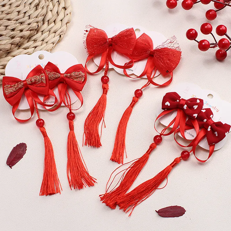 New Year's Children's Tassel Hairpin Chinese Style Big Red Hairpin Girls Hanfu Edge Clip Princess Butterfly Clip Hair Accessories