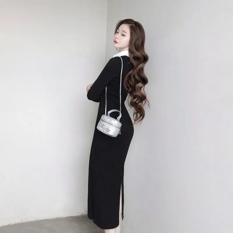 Đầm Nữ Cổ Trụ Phối Màu Tay Dài Chất Len Tăm Co Giãn KA11  Women 7