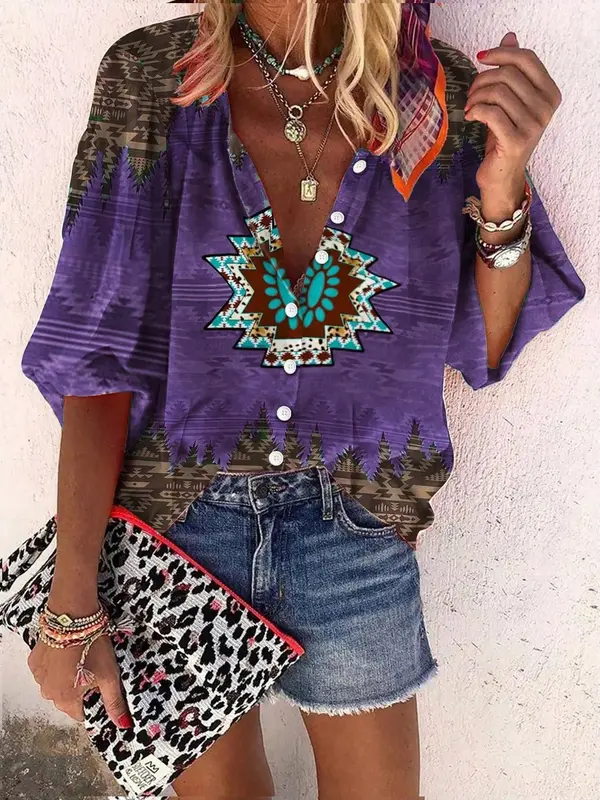 Women's Ethnic Pattern Button Front Blouse, Casual Bishop Sleeve Round Neck Top for Summer, Ladies Clothes for Daily Wear 4