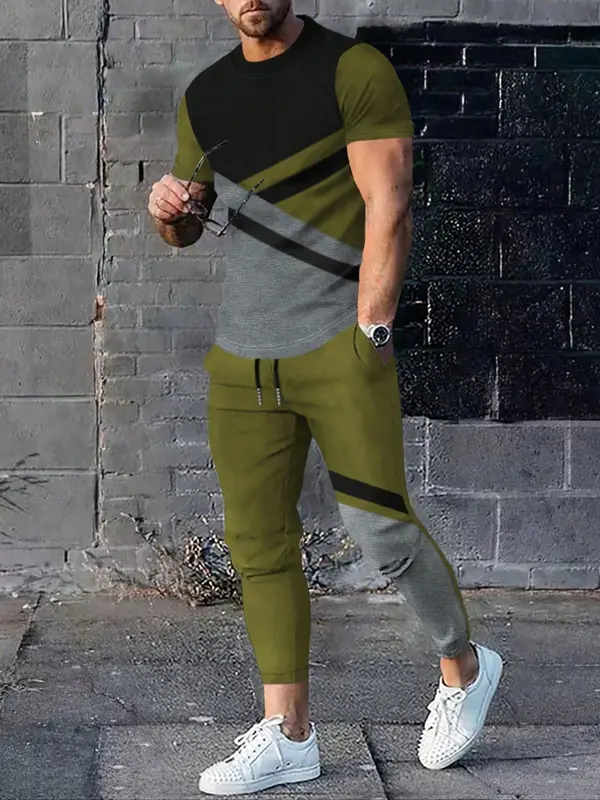 Two-Piece Set Men's Colorblock Print Round Neck Tee & Drawstring Waist Pants, Regular Fit Short Sleeve T-shirt & Pocket Trousers, Men's Clothes for Daily Wear, Menswear 1