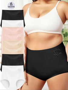 Plus Size Solid Color High Waist Panty, Breathable Comfortable Seamless Knicker for Daily Wear, Women's Underwear for All Seasons