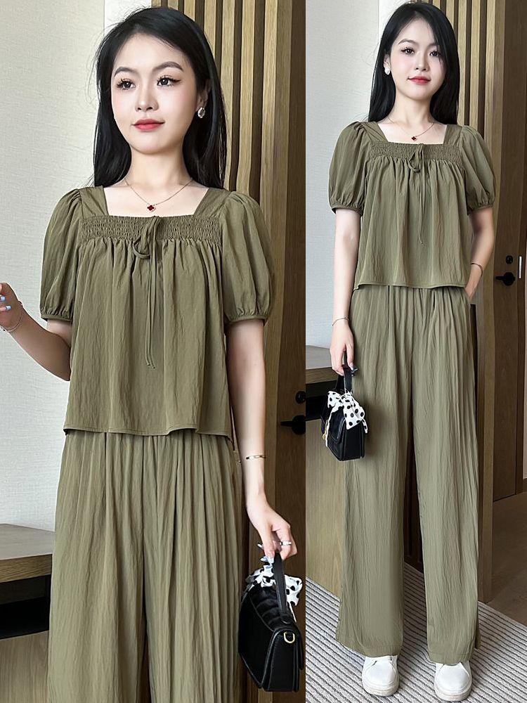 Product Introduction of [Ladies Fashion] plus Size Korean Style Fashion Square Collar Short Sleeve + Wide Leg Pants Casual Two-Piece Suit Women's 2024 Summer New Ins Design Sense 0