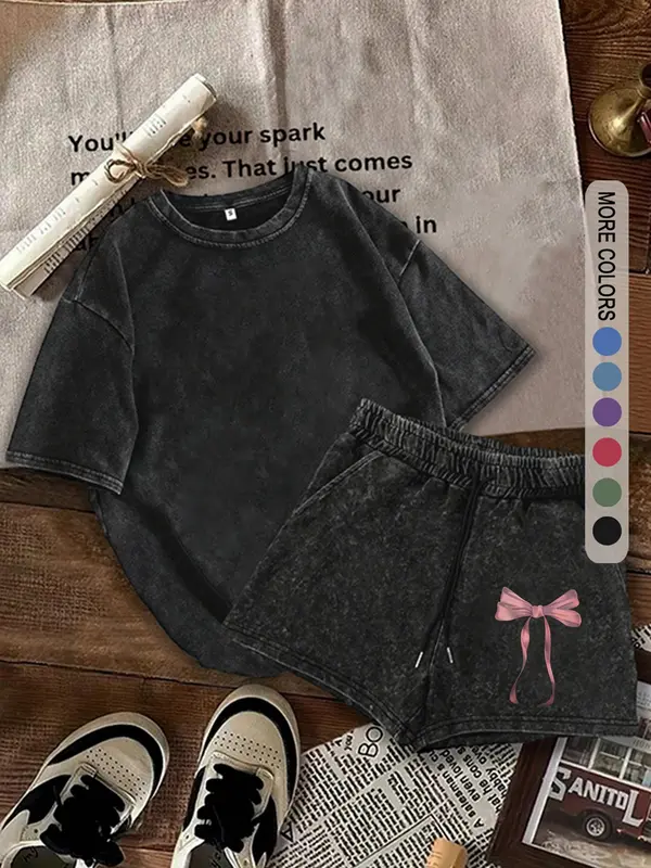 Two-Piece Set Women's Bow Print Tee & Shorts, Casual Short Sleeve T-shirt & Skinny Shorts, Ladies Summer Clothes for Daily Wear 8