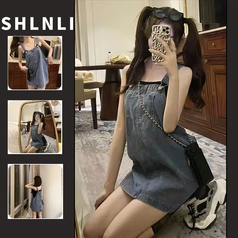 American Retro Causal Denim Suspender Skirt for Women's Summer and Spring
