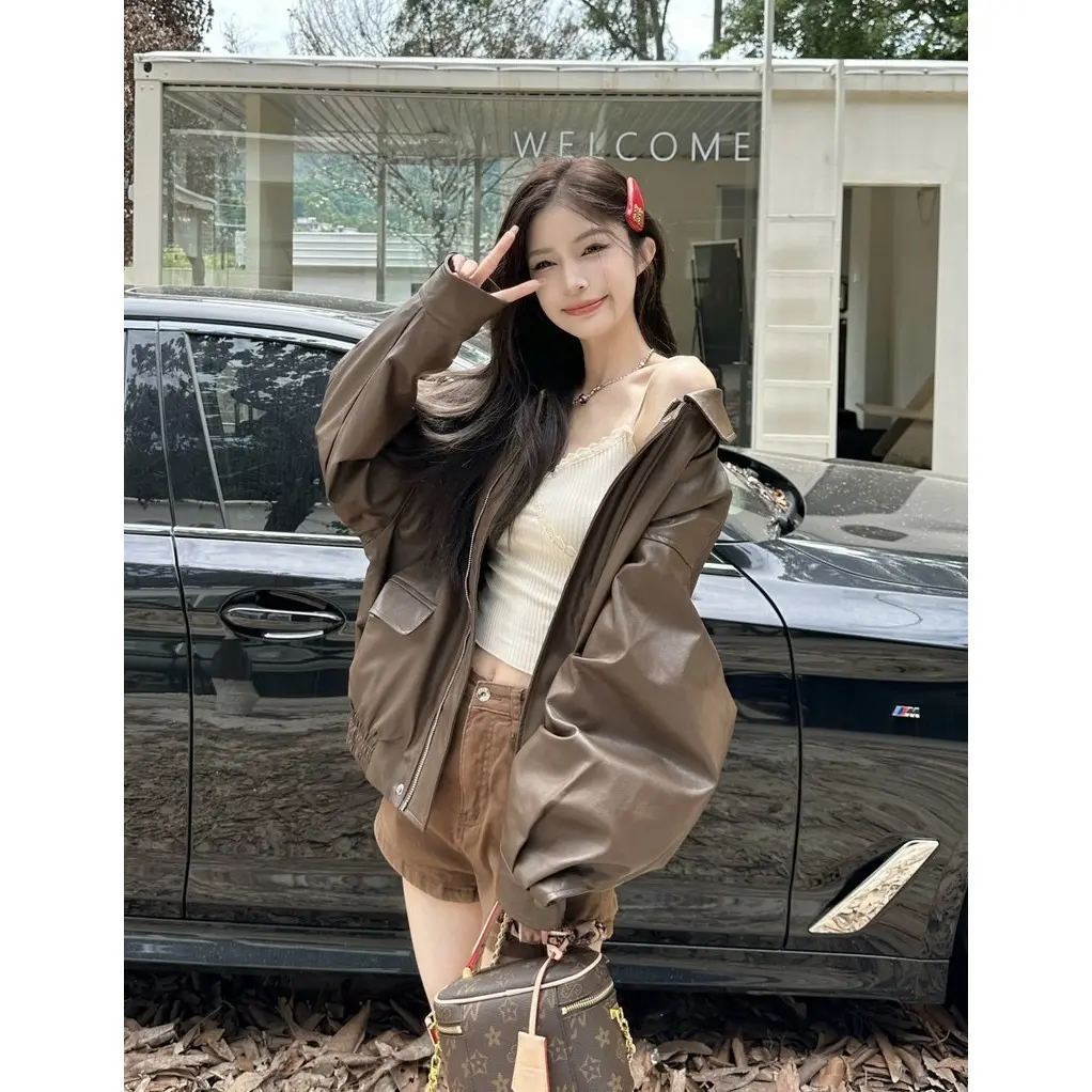 RICH-THEY Girls 'retro Ngắn Phong Cách Hàn Quốc Áo Khoác Da Dáng Rộng Đẹp Trai Áo Khoác Xe Máy | BigBuy360 - bigbuy360.vn