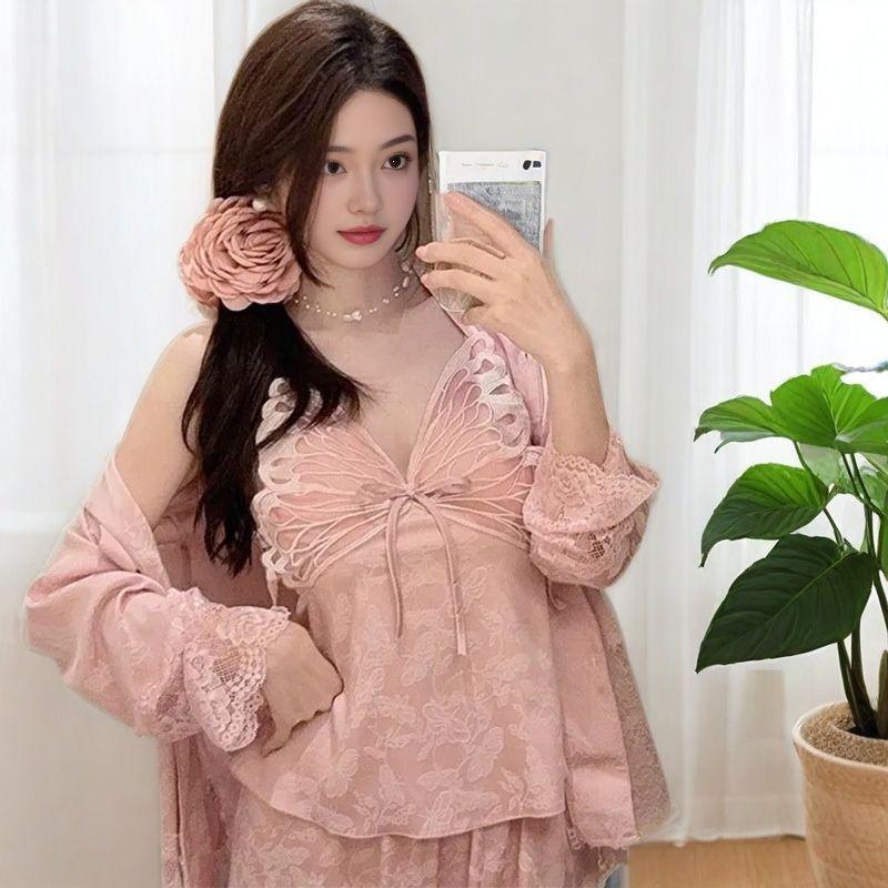 Bộ Đồ Ngủ Lụa, Phong Cách Gợi Cảm, Dành Cho Nữ, Mùa Xuân Và Mùa Thu, Quần Dài Dây Đeo Ren, Mặc Nhà Mùa Hè, Bộ Bốn Mảnh Hình Bướm Tím, Mới Cho Năm 2025 8