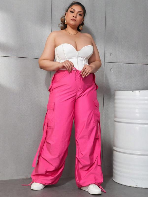 Plus Size Drawstring Waist Cargo Pants, Casual Pocket Design Loose Trousers for Women, Women's Bottoms for Spring & Fall 8