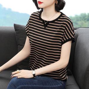 100% Cotton T-shirt Women Stripe Short Sleeve Plus Size Loose Casual Round Neck Ladies Tops  batwing sleeve Wild Fashion Korean version Age reduction t shirt