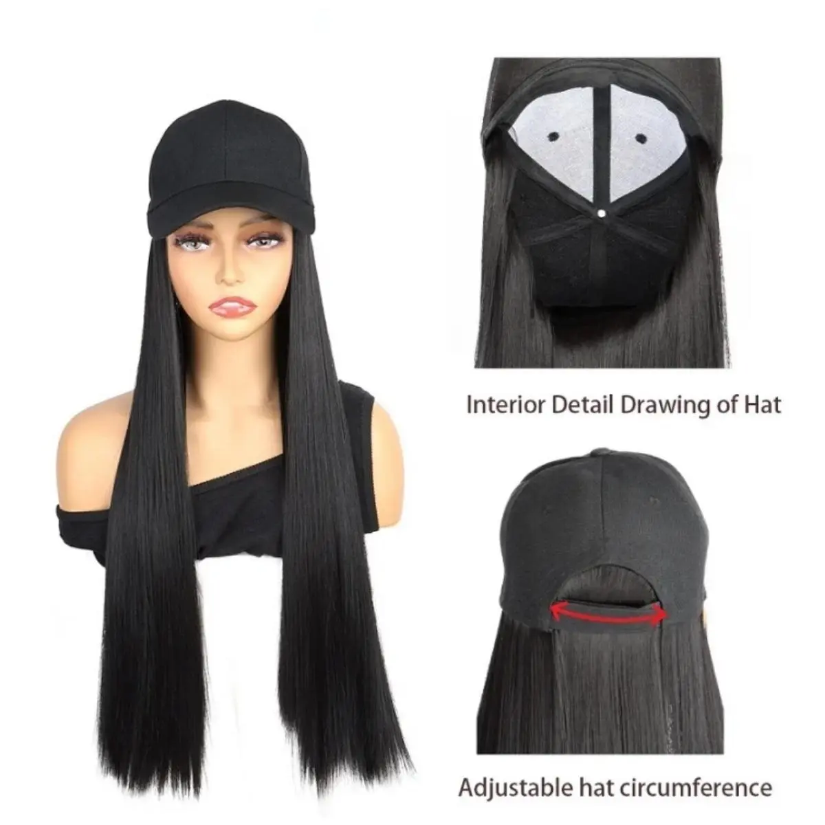 Hat Wig Synthetic 24 Inch High Quality Fiber Adjustable Wig Hat for Women Girls Long Straight Baseball Cap with Hair Extensions