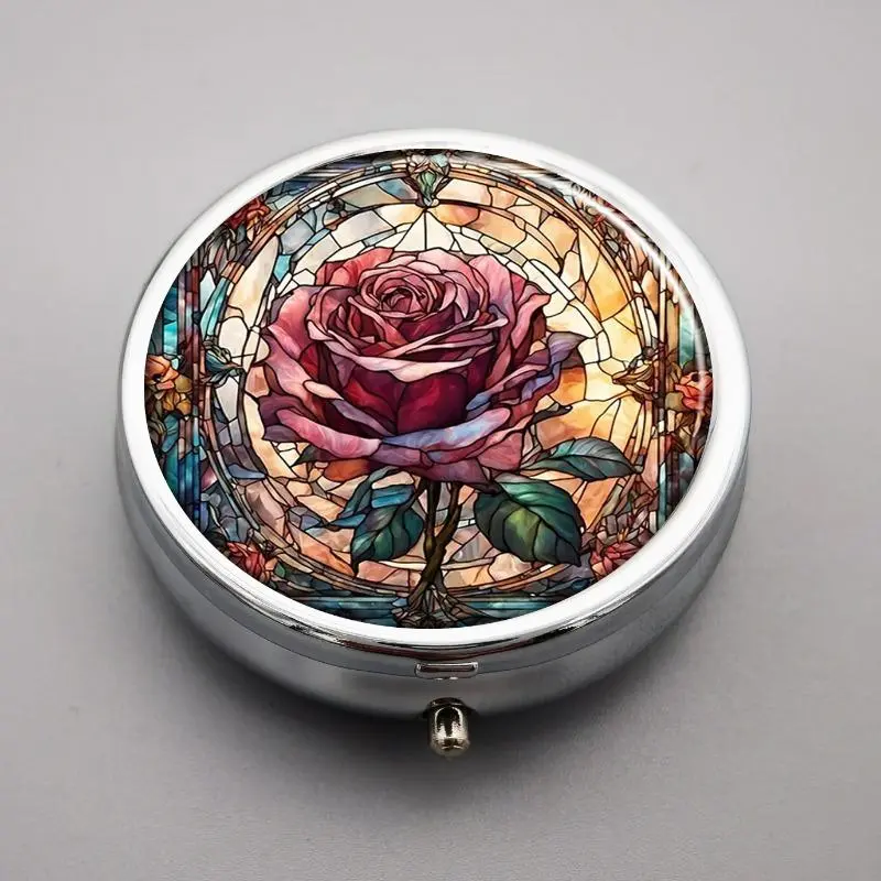 Rose Pattern Round Pill Box, 3 Compartment Pill Organizer, Moisture-proof Sealed Pill Storage Box, Suitable for Daily Use, Healthcare