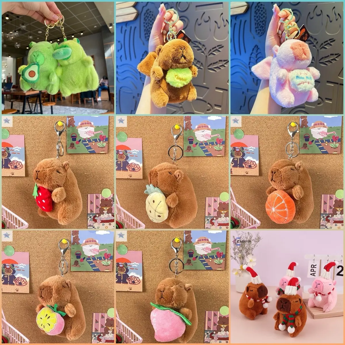 Móc Khoá Capybara Kéo Dây Màu Xanh Bơ, Nâu và Hồng - Móc Khoá Capybara Giáng Sinh Noel, Capybara Trái Cây - Quà Giáng Sinh, Quà Sinh Nhật - Voi Women Nhung Nữ Móc Khóa mini