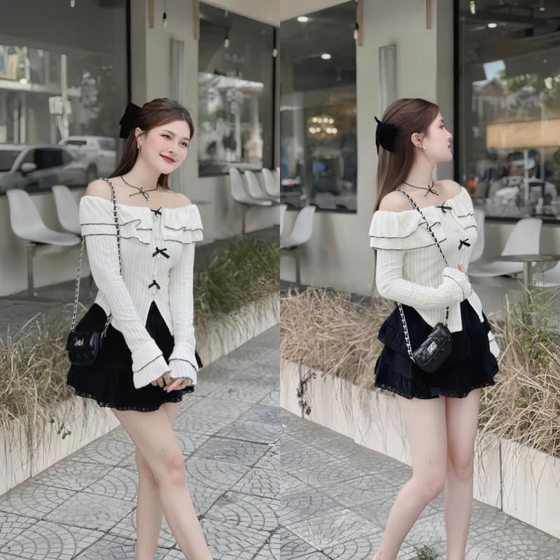 Set đồ nữ áo thiết kế trễ vai phối nơ tay dài xẻ tà giữa mix chân váy ngắn xếp tầng phối ren xinh xắn dành cho các nàng diện đi chơi đi tiệc  Women