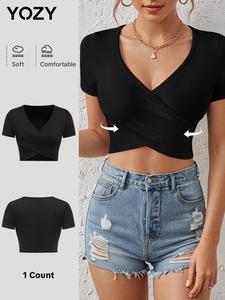 YOZY Women's Plain Asymmetrical Hem V Neck Crop Tee, Casual Short Sleeve T-shirt for Daily Wear, Ladies Clothes for All Seasons