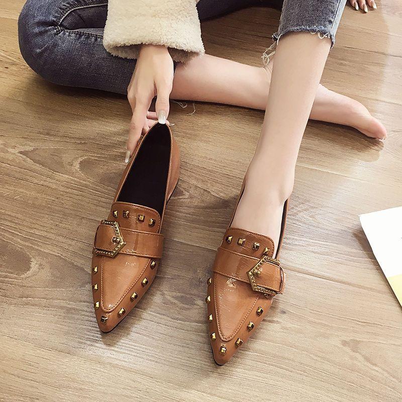 Giày Da, Phong Cách Anh Quốc Da Mềm, Dành Cho Nữ, Gót Trung Bình Gót Chunky, Khóa Thắt Lưng Đinh Tán, Da Bóng, Giày Mũi Nhọn, Hàng Mới Về Mùa Lò Xo 2024 Shoes 1
