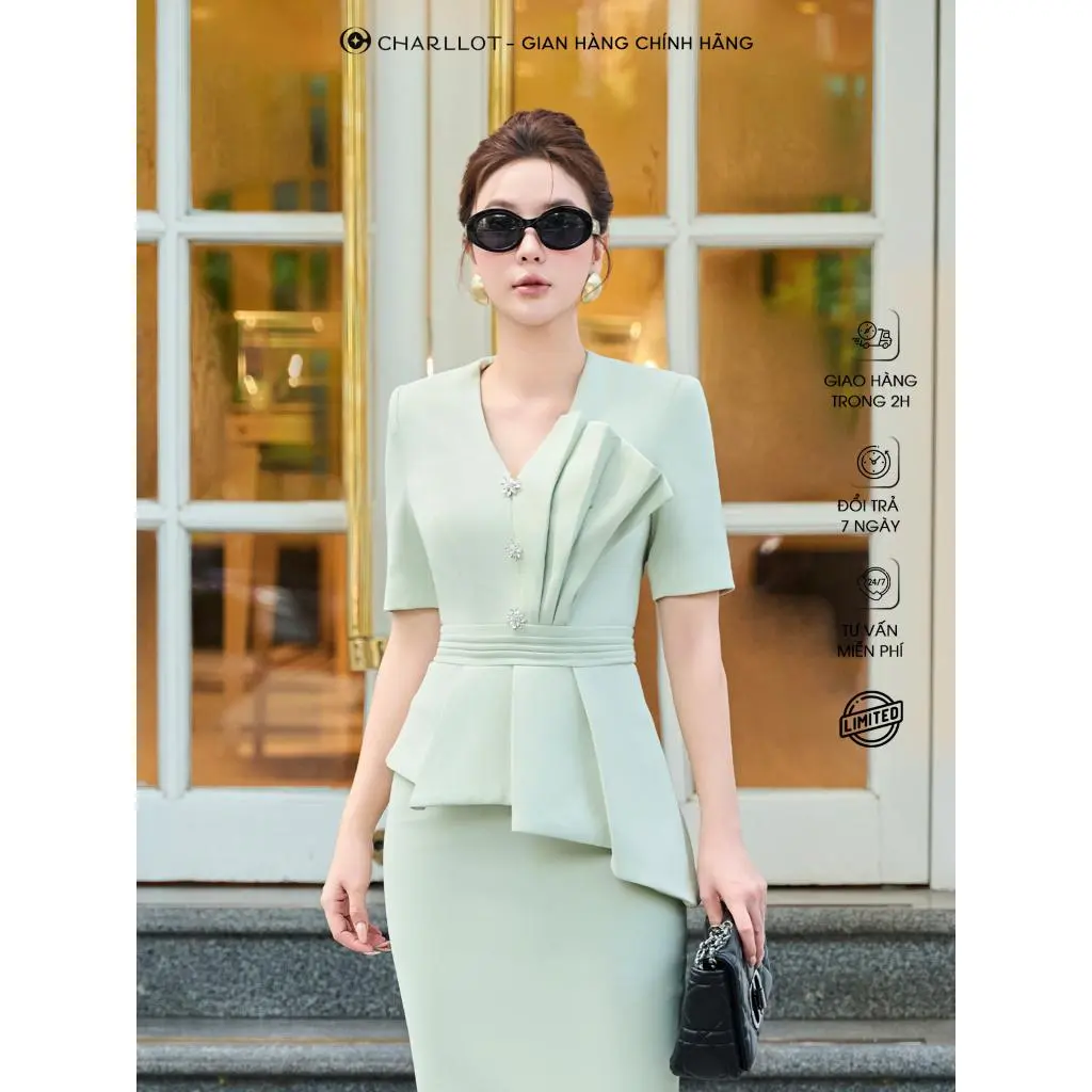 Set Đồ Nữ DARIA Xanh Bơ Thiết Kế Công Sở Cao Cấp CHARLLOT Chiết Eo Xếp Ly Cách Điệu CL1054