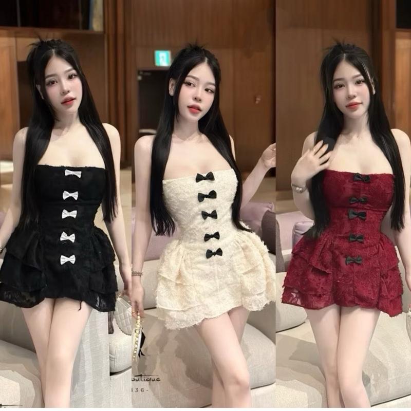 Đầm Cúp Ngực Phối Nơ Dáng Ngắn Form Xoè Tiểu Thư  Nữ Women Dress (Có Video Mẫu) Đỏ Kem