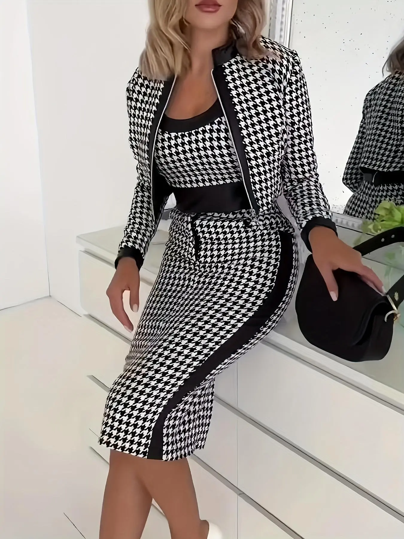 Women's Houndstooth Print Zip Front Jacket & Vest & Skirt Set, Casual Elegant Three Piece Outfits for Work Office Business, Ladies Fall & Winter Clothes
