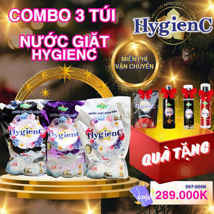 Hot [ComBo 3 Túi] Nước giặt HygienC Plus đậm đặc công nghệ thái lan - Dung tích 2600ml Làm Sạch (Tặng 1 Chai BoDymist - 2 túi xả 200ml - 1chai Xịt Thơm)