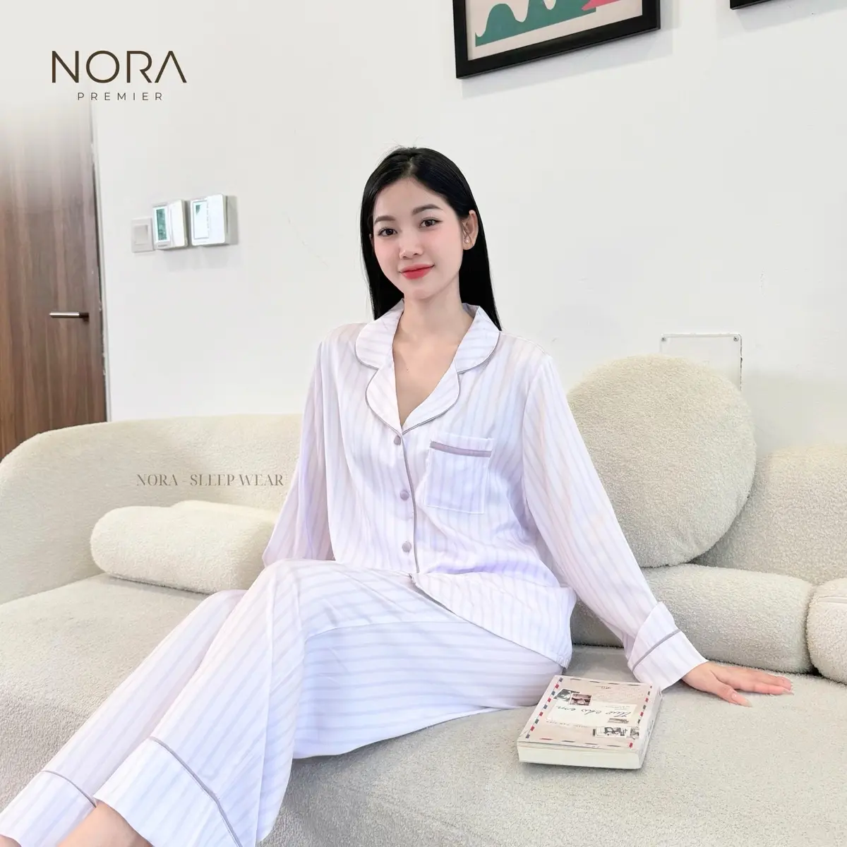 Pyjama nữ lụa latin sọc tím Ms 2640