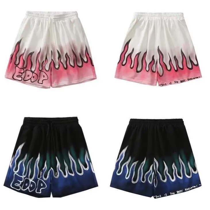 Quần đùi in hình ngọn lửa, 2 màu, chất cotton dầy mịn, hiphop, unisex Menswear Quần Ngố Nam
