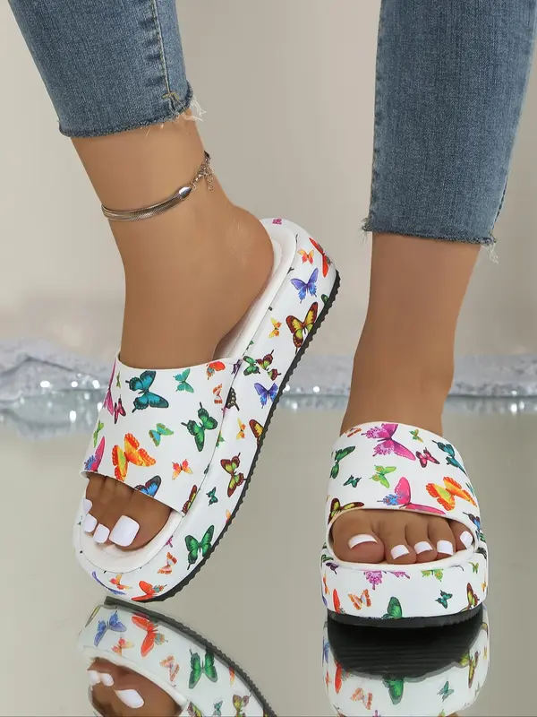 Women's Fashionable Butterfly Pattern Slippers, Casual Comfortable Flat Sandals for Beach, Outdoor, Daily Wear 2