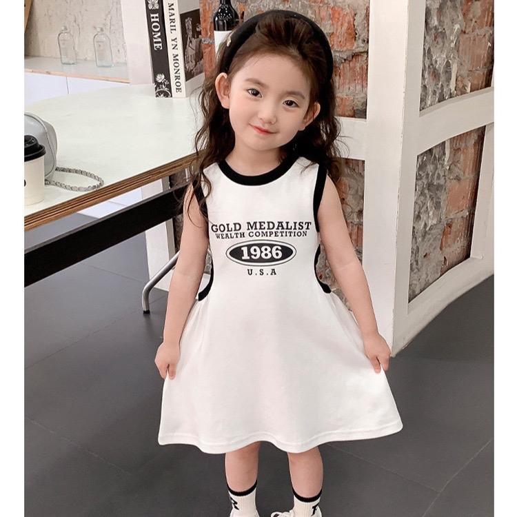 Váy ba lỗ khoét eo in chữ sành điệu cho bé gái, chất cotton, 3 màu trắng, đen, hồng, size 11-27kg 3