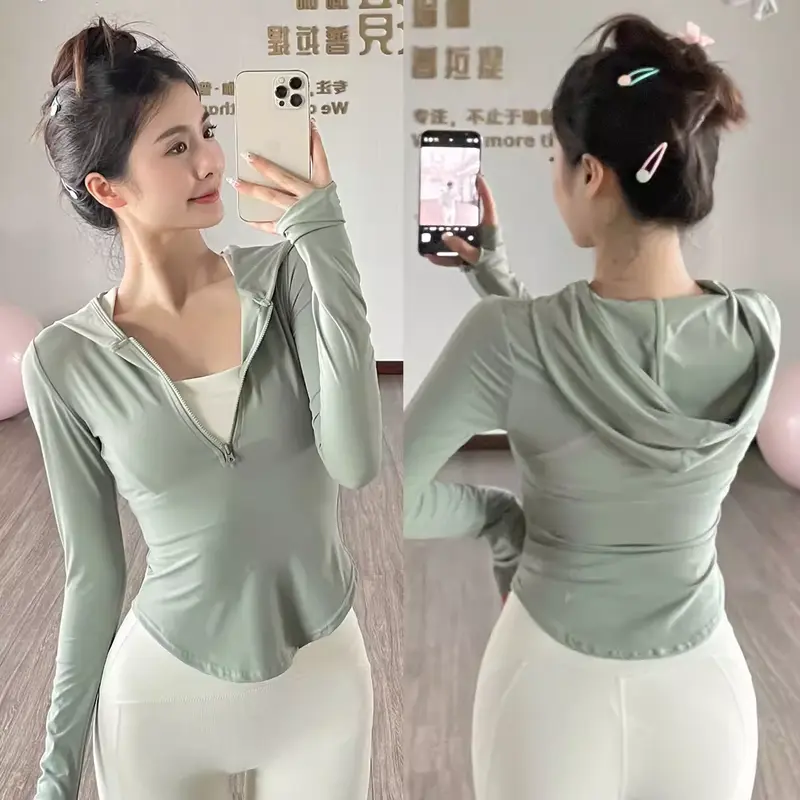 Áo Khoác Tập Yoga, Dành Cho Nữ, Mùa Xuân Và Mùa Hè, Hàng Mới Về, Có Mũ Trùm Đầu, Khóa Kéo Nửa, Áo Thể Thao, Nhanh Khô, Quần Tập Yoga, Dáng Ôm, Bộ Đồ Tập Thể Dục 5
