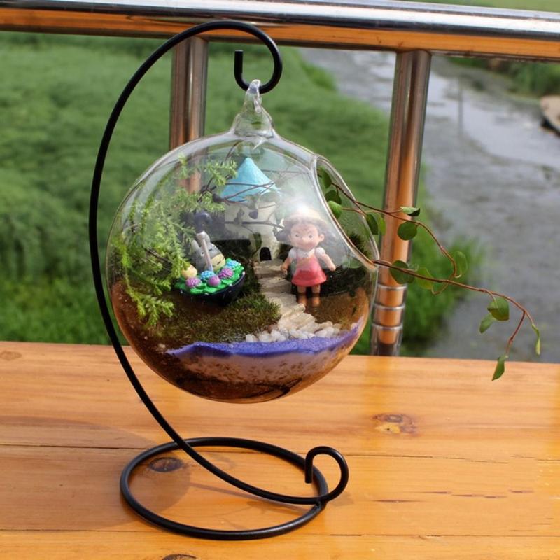Candle Holder Iron Art Glass Ball Hanging Stand Retro 23-33cm Flower Stand Portable Ecological Bottle Stand Candle 3