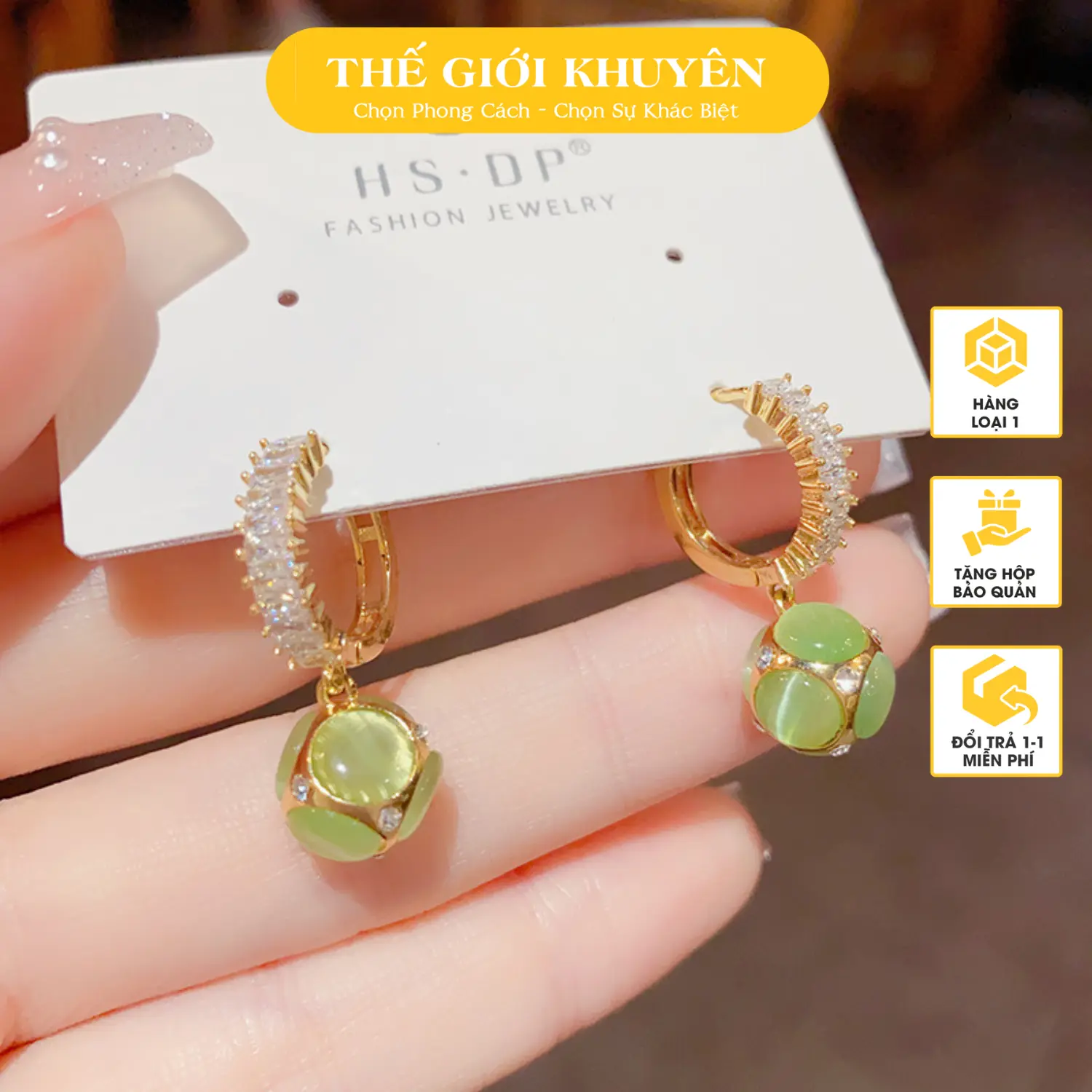Bông Tai Nữ Cao Cấp Sử Dụng Đá Mắt Mèo Thiết Kế Dày Dặn Chắc Chắn Phụ Kiện Trang Sức Thế Giới Khuyên