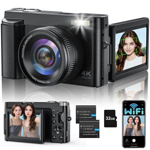 写真用4Kデジタルカメラ、64MP WiFi対応AF機能付きVloggingカメラ、YouTube用3インチ180°フラップスクリーン、16倍デジタルズーム、初心者向け32GBマイクロSDカード付き