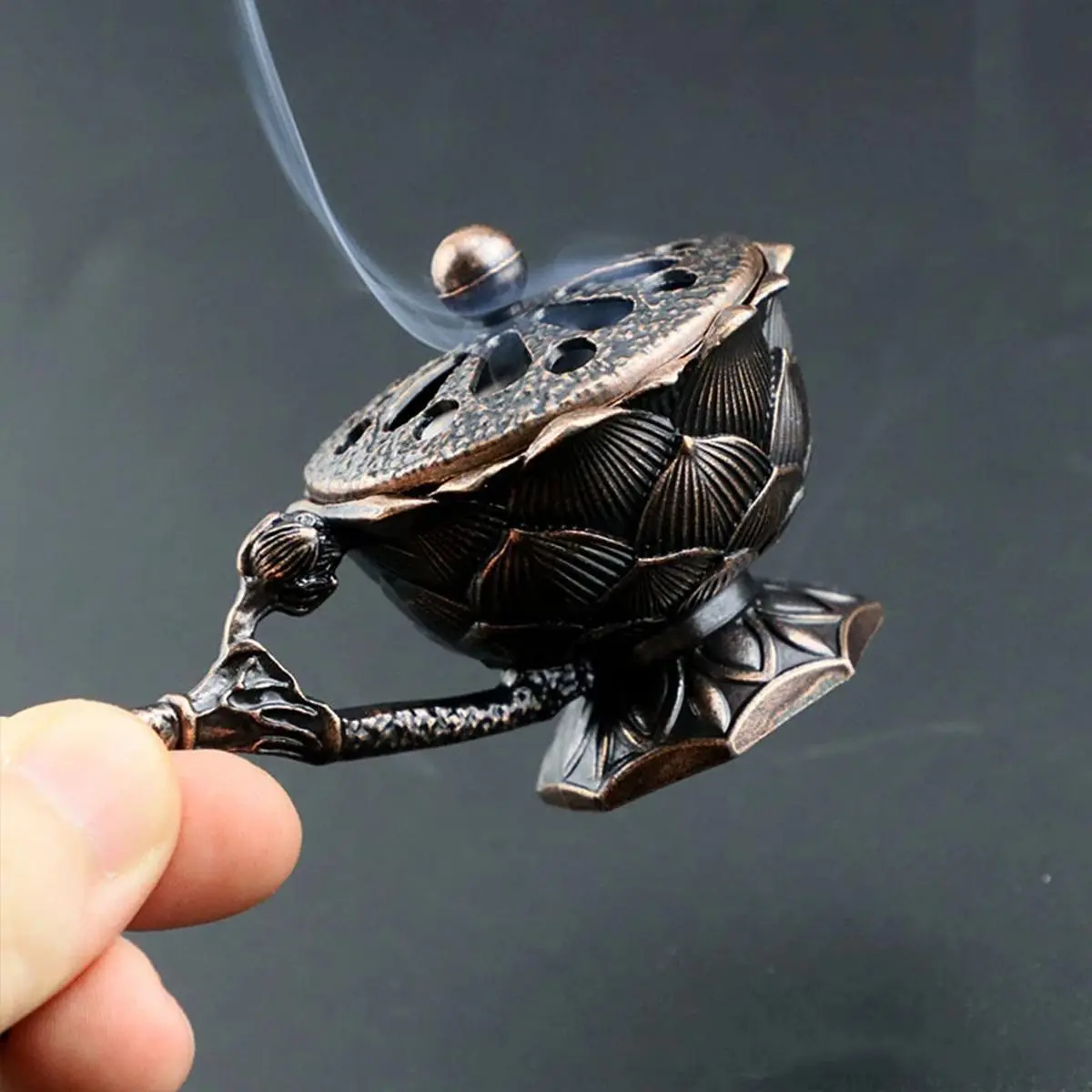 Handheld Lotus Incense Burner Creative Temple Brass Buddhism Buddha Holder Retro Copper Sandalwood Censer Crafts Home Decoration