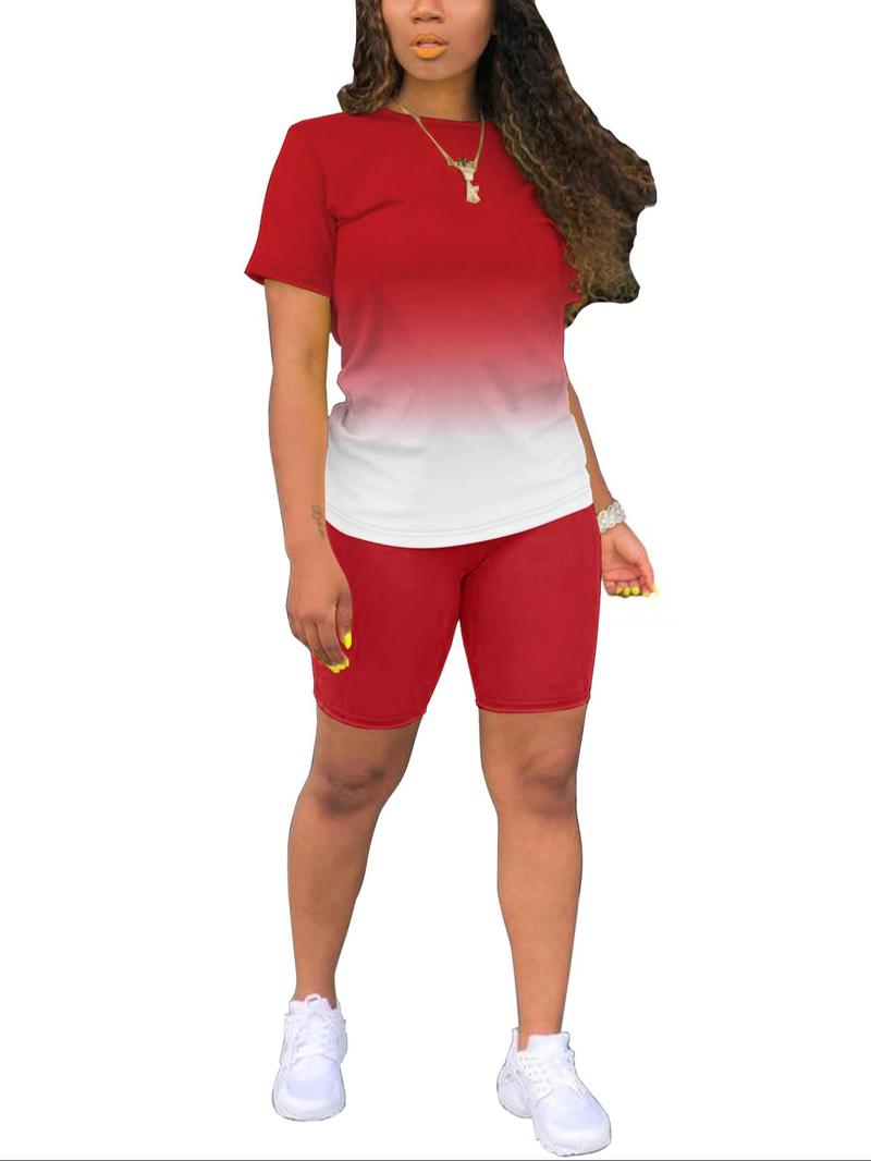 Product Introduction of Women's Ombre Print Tee & Shorts Two-piece Set, Casual Round Neck Short Sleeve T-shirt & Skinny Shorts for Daily Wear, Ladies Summer Clothes 1