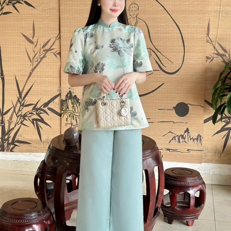 Set gấm thêu hoạ tiết nổi cổ tàu 1