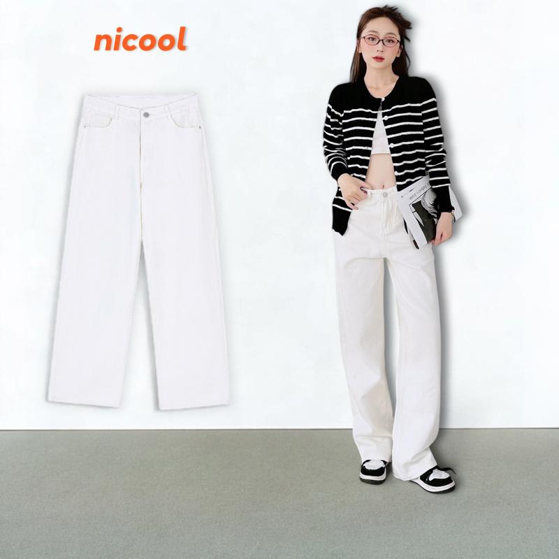 Quần Jean nữ ống suông màu Trắng, quần bò siêu cao Nicool N41-Q23 Pants Thông thường Women Denim