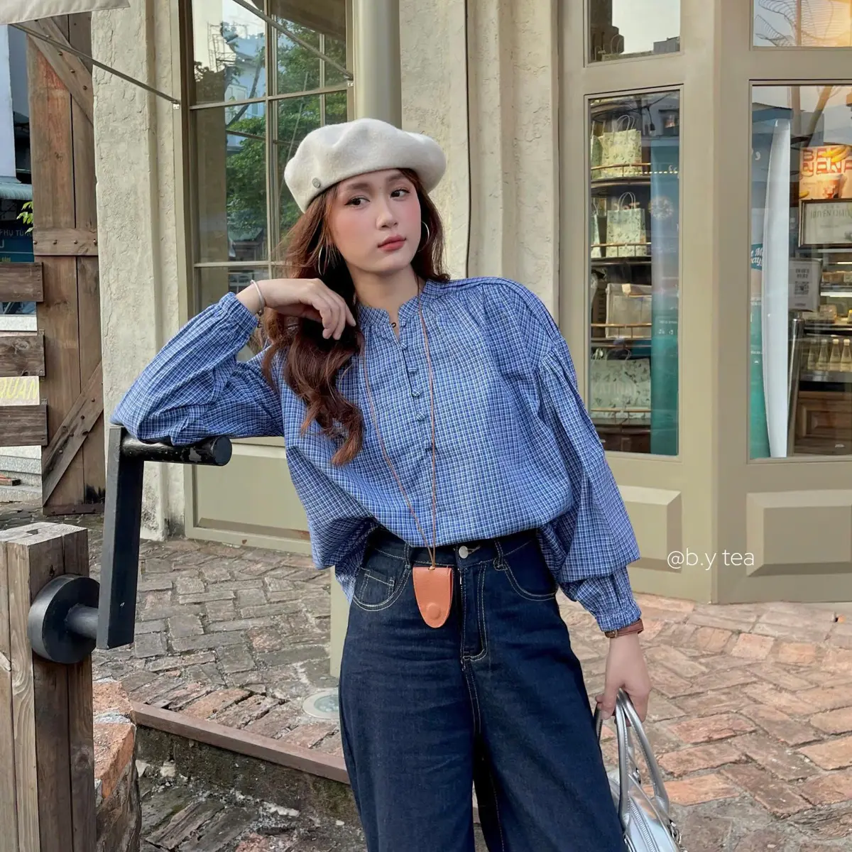 Áo kiểu nữ sọc caro cúc bọc | Sara Shirt - B.Y Tea Clothing