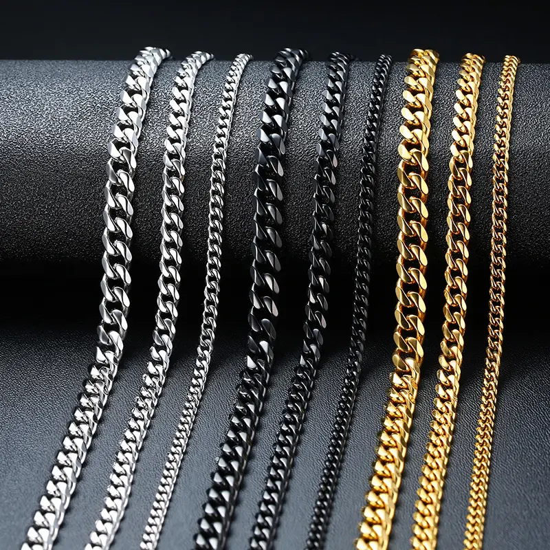 Kalung Rantai Cuba untuk Lelaki Wanita, Choker Rantai Pautan Kerb Keluli Tahan Karat Punk Asas, Kolar Logam Pepejal Tona Emas Vintaj