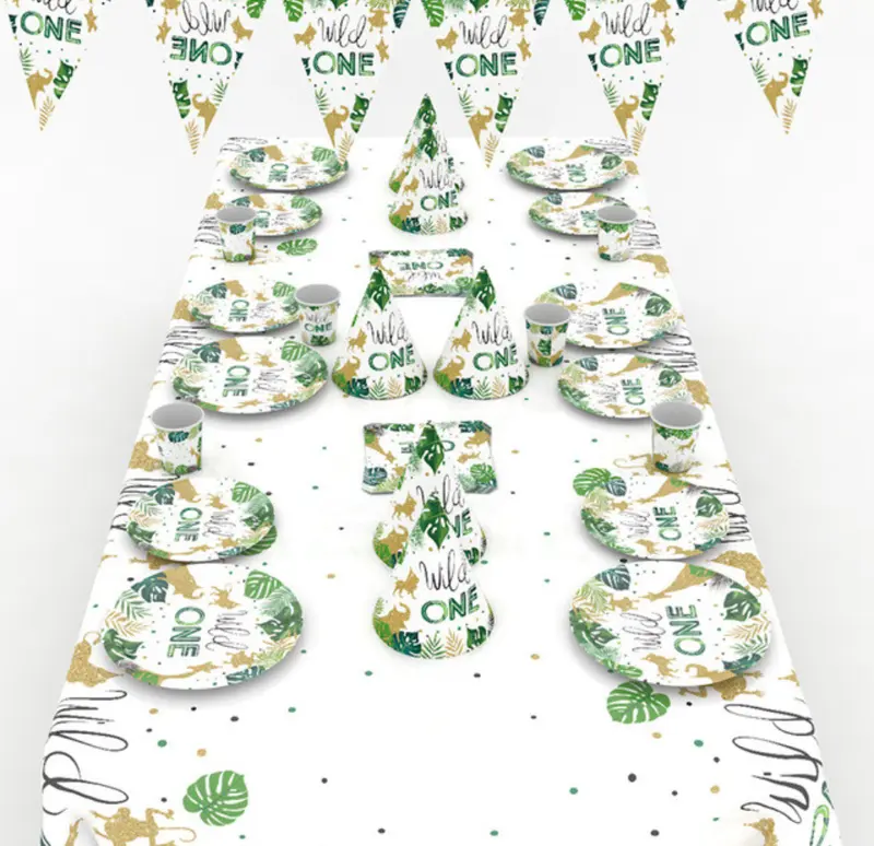 Disposable Wild One Jungle Safari Birthday Tableware Set - Plates, Cups, Napkins, Tablecover, Straws 0
