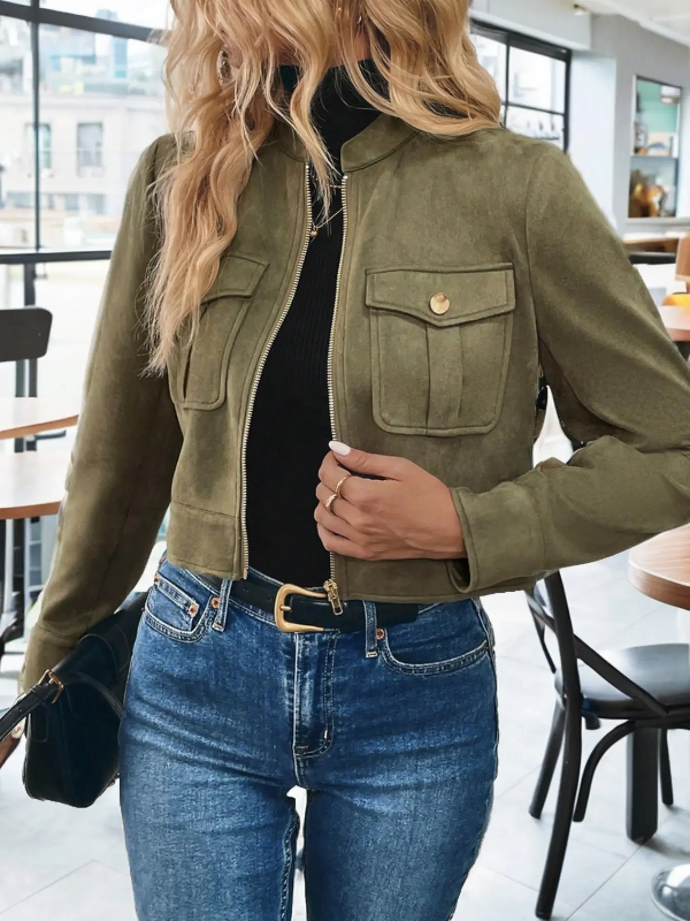 Women's Solid Zip Up Crop Suede Jacket, Casual Long Sleeve Outerwear for Spring & Fall, Ladies Clothes for Daily Wear