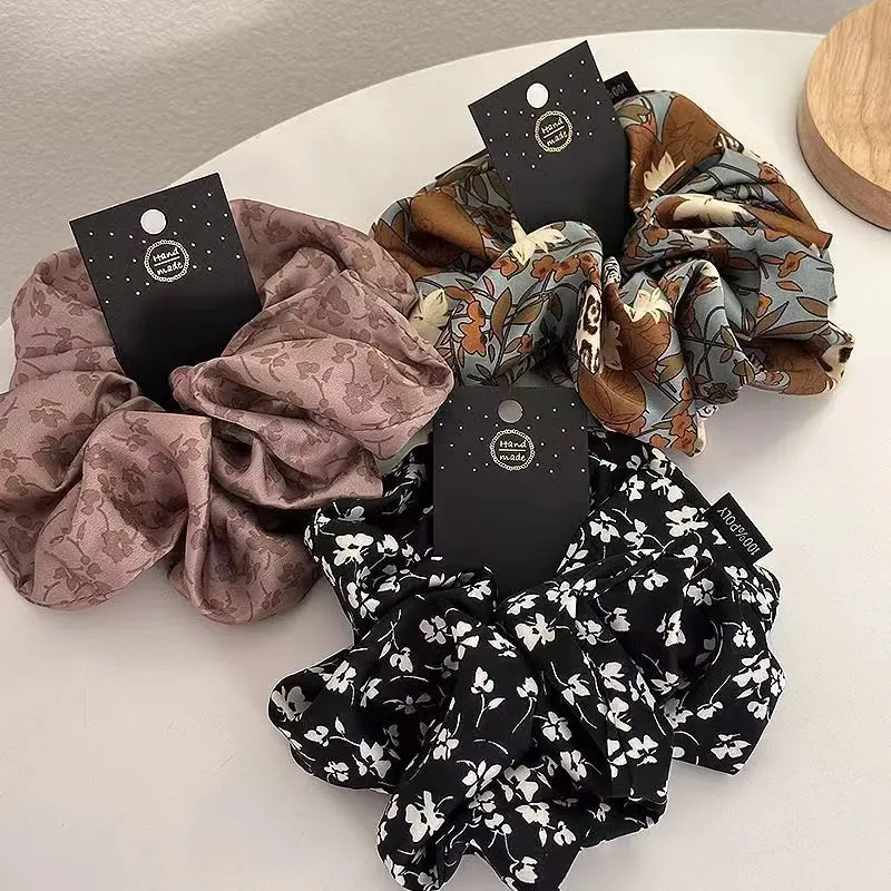 Korean Style Summer New Floral Scrunchie French Gray Pink Printed Hair Tie High-end Satin Internet Celebrity Hair Rope for Women