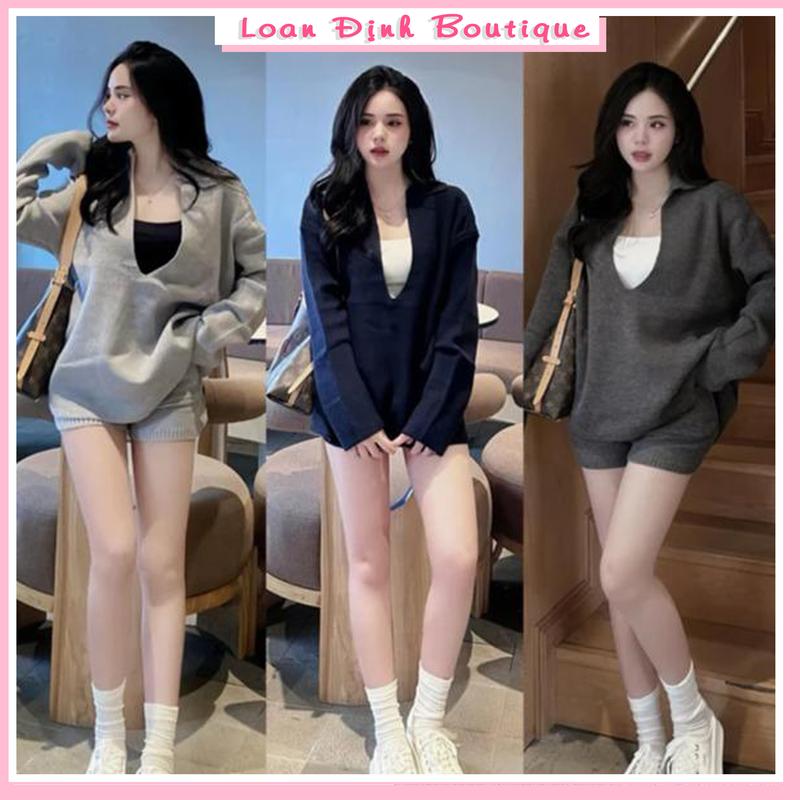 Bộ Set 3 Món Chất Tăm Len Dài Tay Cổ Sâu Kèm Áo Bra Dễ Mặc By Loan Định Boutique LD109- Voi, Kem Nữ Sen
