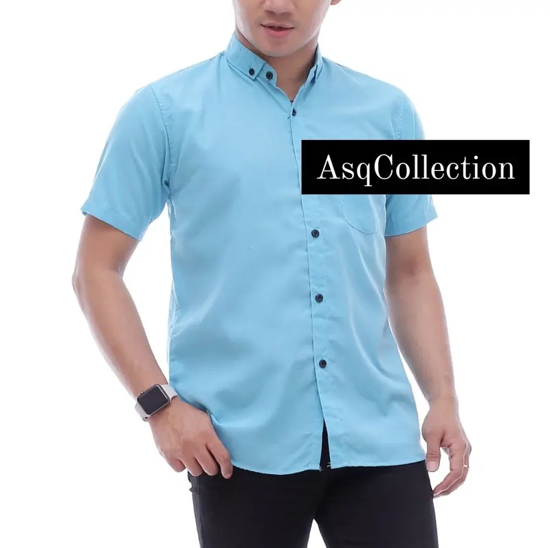 Hem Kemeja Pria Dewasa lengan pendek 13 warna Jumbo Katun Polos Hitam Putih Santai Slim-fitting V-Neck Crew Neck Biru Cream Hijau Kuning Maroon Muda Navy Baju Kerja Casual Panjang Kantor 5