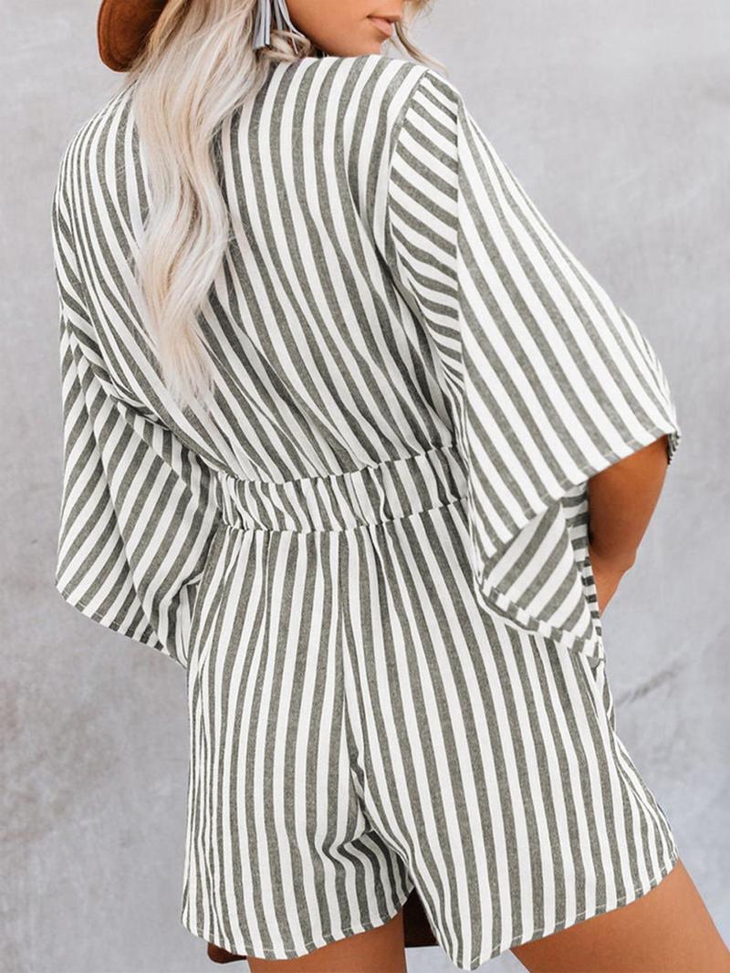 Product Introduction of Women's Striped Print Knot Front Romper, Casual Batwing Sleeve Pocket Jumpsuit, Ladies Clothes for Summer Daily Wear 2