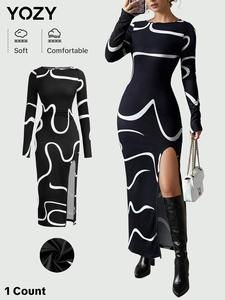 YOZY Women's All Over Print Ruched Split Thigh Bodycon Dress, Elegant Boat Neck Long Sleeve Dress for Party Club Dating Wear, Ladies Clothes for All Seasons