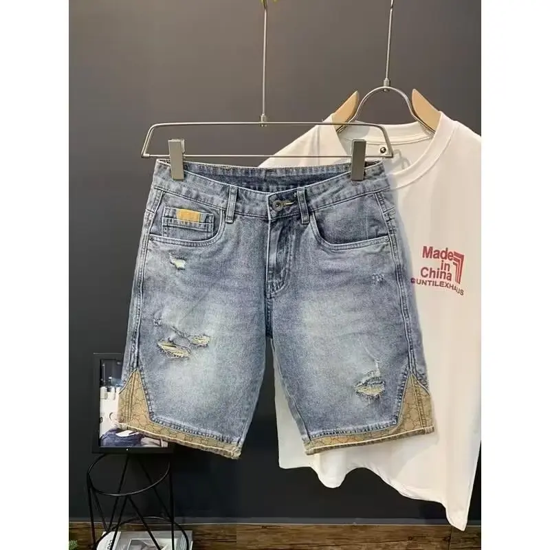 Quần Short Denim, Thương Hiệu Thời Trang Cao Cấp, Thiết Kế Rách, Phong Cách Ăn Xin Cổ Điển, Chất Liệu Denim Mỏng Mùa Hè, Dành Cho Nam Giới, Quần Giữa Khâu, Quần lửng Co Giãn Menswear Pants Có Túi Lưng Cao